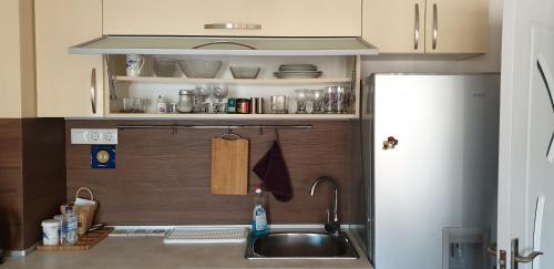 ヴァルナ・シティにあるSun Estate Residence Apartmentのキッチン(シンク、白い冷蔵庫付)