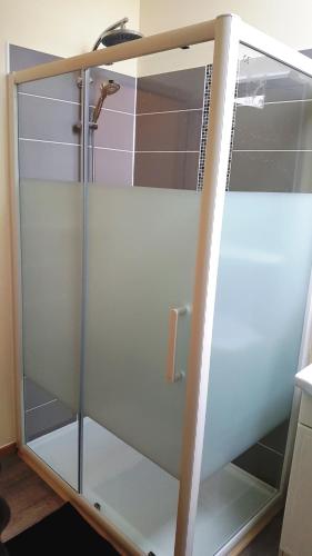 une cabine de douche en verre avec une porte en verre dans l'établissement Gite de Jade, Mont Saint Michel, à Aucey-la-Plaine