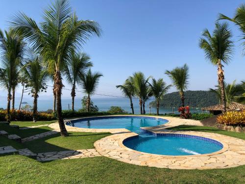 帕拉蒂的住宿－Casa com vista para o mar!，棕榈树庭院内的游泳池