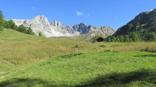 a green field with mountains in the background at Hotel Garnì Miramonti in Falcade