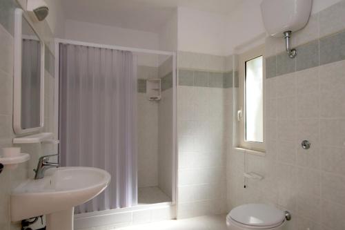 La salle de bains est pourvue d'un lavabo, de toilettes et d'une douche. dans l'établissement Residence Delfino, à Vieste