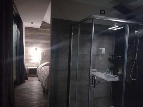 a bathroom with a shower and a sink and a bed at Tenuta Terra e Sole in Castrocielo