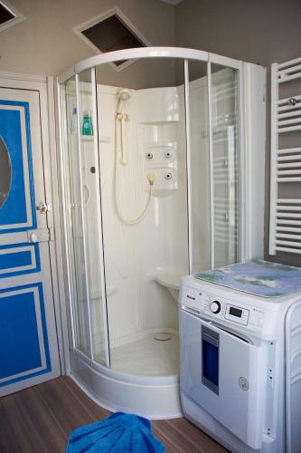 a bathroom with a shower and a washing machine at Les volets bleus in Melle