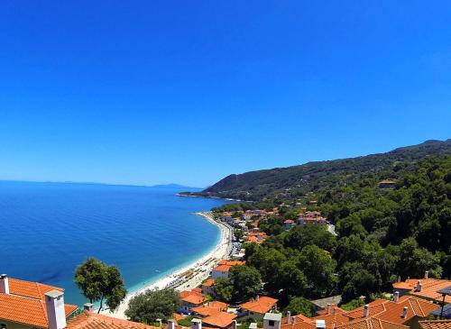 a view of a beach with houses and the ocean at Boutique Hotel Kentrikon & Bungalows in Agios Ioannis Pelio