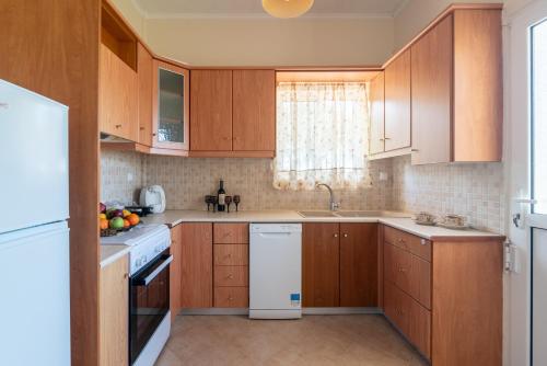 a kitchen with wooden cabinets and a white dishwasher at VILLA ELENI in Zakharo