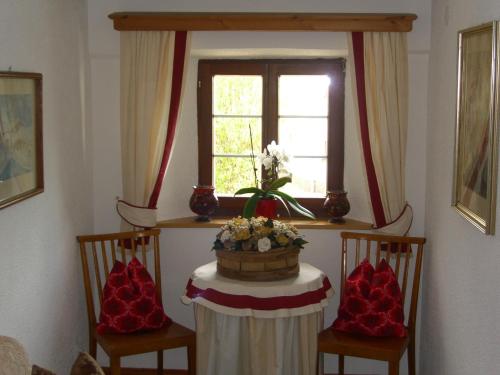 a room with two chairs and a table with a window at Pension der Steinbock - das 300 Jahre alte Bauernhaus - TIROL in Sankt Anton am Arlberg