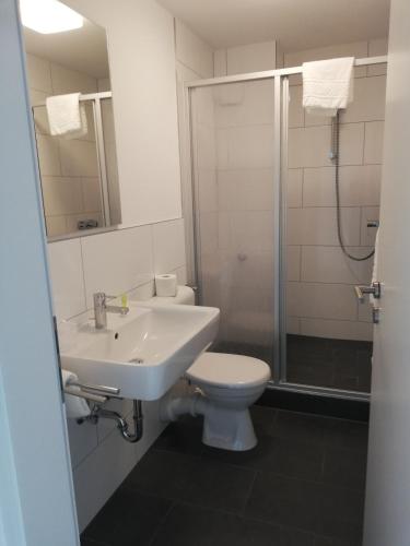 a bathroom with a toilet and a sink and a shower at City Hotel und City Apartments Centrum in Kaiserslautern