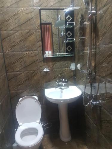 a bathroom with a toilet and a sink at Hotel LEADER in Tbilisi City