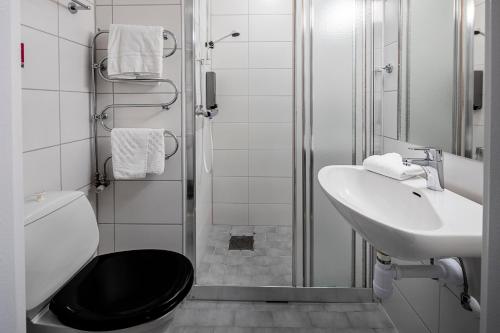 a bathroom with a toilet and a sink and a shower at First Hotel Royal in Säffle