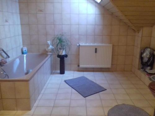 un bagno con vasca e pianta in vaso di Gästehaus Sonnenhöhe - Ihre Erlebnis-Programm-Schmiede a Beuren