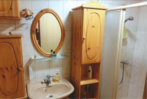 a bathroom with a sink and a mirror at Ferienhaus Gartentraum in Rheinsberg