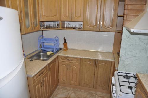 una pequeña cocina con armarios de madera y fregadero en Elling Diana, en Utes