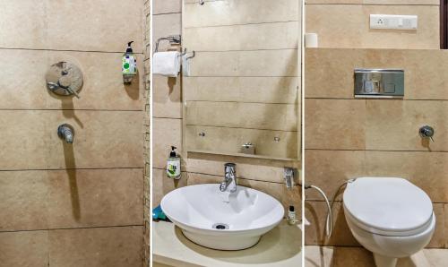 two pictures of a bathroom with a toilet and a sink at Treebo Red Petal Jalandhar in Jalandhar