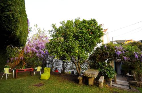 a garden with a tree and some chairs and flowers at Moinho do Prado in Vila Nova de Cerveira