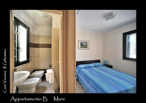 ファヴィニャーナにあるIl Gelsominoのベッドルーム1室(ベッド1台付)、バスルーム(シンク付)