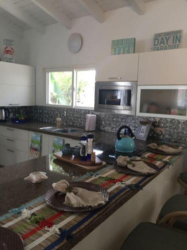 a kitchen with a counter with a tea kettle on it at Luna 39 in Oranjestad