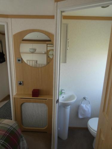 La salle de bains est pourvue d'un lavabo, de toilettes et d'un miroir. dans l'établissement Crossbill Chalet - 71, à Boat of Garten