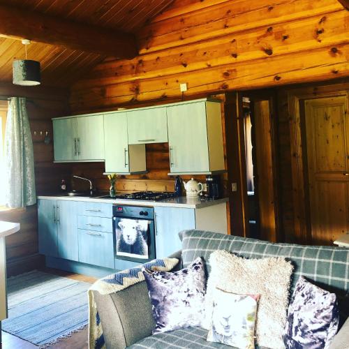 a living room with a couch and a kitchen at Log home village in Ulverston
