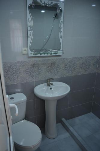 a bathroom with a sink and a toilet and a mirror at Millennium Rabati in Akhaltsikhe