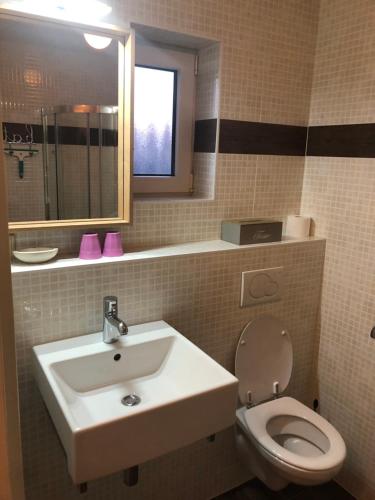 デ・コーフにあるTexelheerlijk 2のバスルーム(洗面台、トイレ、鏡付)