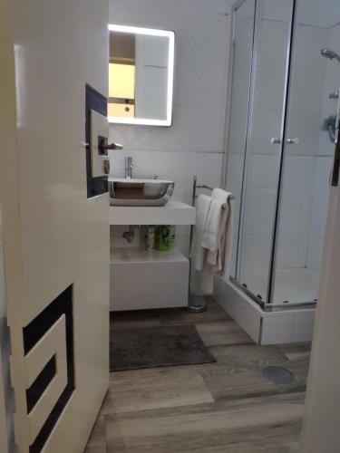 a bathroom with a sink and a shower at Apartmentos Timas #1 in Praia