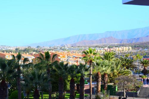 ロス・クリスティアーノスにあるSunny Summerland Los Cristianos, ap with city and ocean viewのヤシの木や山々を背景にした都市