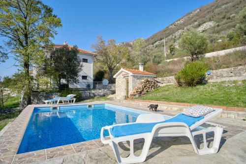 a swimming pool with two chairs and a dog next to it at Villa Olga in Radanovići