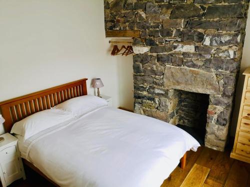 a bedroom with a bed and a stone fireplace at Pen-y-Patch in Prestatyn