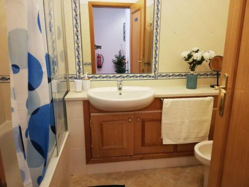 een badkamer met een wastafel en een spiegel bij Amoreira Alvor - Praia e Piscina in Alvor