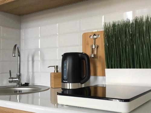 una macchinetta del caffè su un bancone accanto a un lavandino di MARZEC Apartamenty a Gniezno