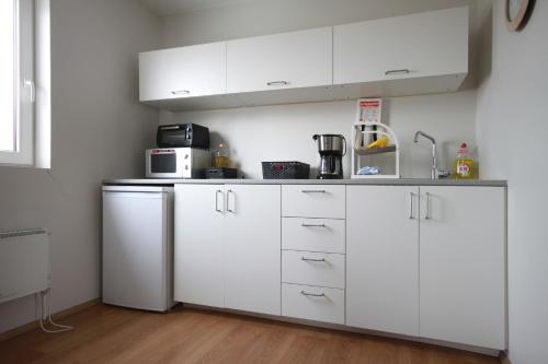 a kitchen with white cabinets and a refrigerator at Selfell Guesthouse by Stay Iceland in Kálfafell