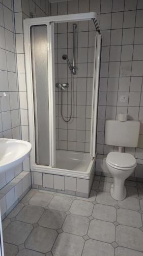 a bathroom with a shower and a toilet and a sink at Kloesterle in Bad Steben