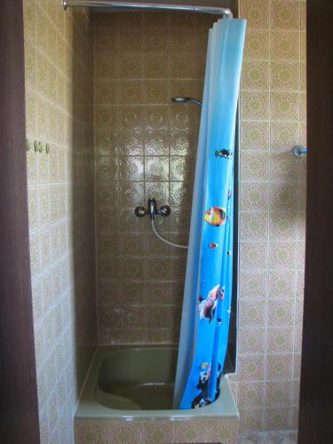 a shower with a blue shower curtain with fish on it at Gästehaus Alpenland in Halblech
