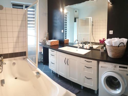 La salle de bains est pourvue d'une baignoire, d'un lavabo et d'un lave-linge. dans l'établissement Chez Thomas, à Colmar