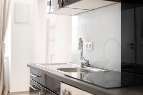 una cocina con fregadero y encimera en Vienna City Apartments Brigittenau, en Viena