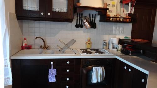 a kitchen with a sink and a stove at Filia House - Kalavryta in Klitoria