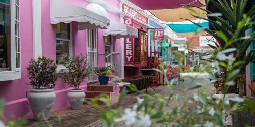 a pink building with potted plants on a street at Zzzone Boutique Hostel in Hermanus