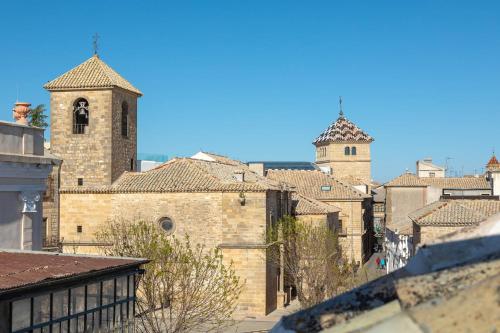 a view of a city with a cathedral and buildings at Palacio del Agua Apartamentos in Úbeda