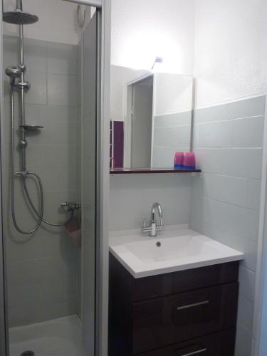 une salle de bain avec un lavabo et une douche avec un miroir dans l'établissement Appartement T2 Cabine, Les Balcons de la Méditerranée, Narbonne Plage, à Narbonne-Plage