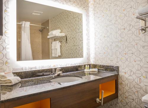 a bathroom with a sink and a large mirror at Holiday Inn Toledo - Maumee I-80/90, an IHG Hotel in Maumee