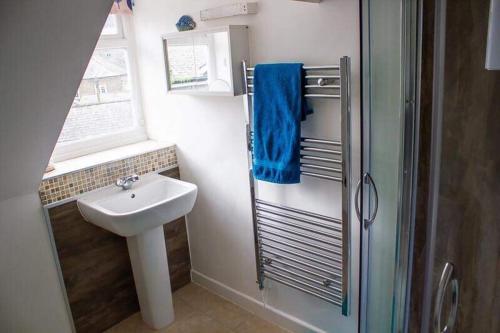 uma pequena casa de banho com um lavatório e um chuveiro em Drang house all rooms have stairs em Padstow