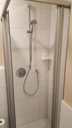 eine Dusche mit Duschkopf im Bad in der Unterkunft Apartment nahe Siemens Campus in Erlangen