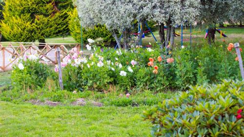 a garden with colorful flowers in the grass at Hotel y Cabañas Molino Viejo in Puerto Varas