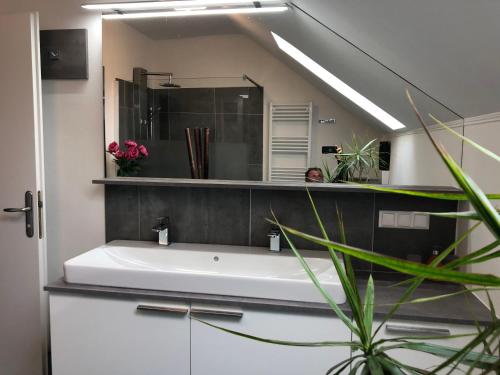 a bathroom with a white sink and a mirror at Superior-Apartment mit Pool und Seezugang in Velden am Wörthersee