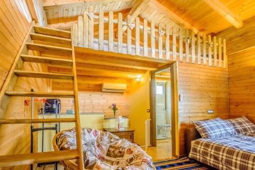 ein Schlafzimmer mit einem Etagenbett und einer Leiter in einer Hütte in der Unterkunft Etna Country Home in Nicolosi