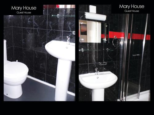 two pictures of a bathroom with a toilet and a sink at Mary House 46 in Porthcawl