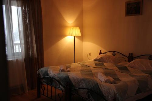 a bedroom with a bed with a lamp and a window at Sakhli Laghamshi in Mestia