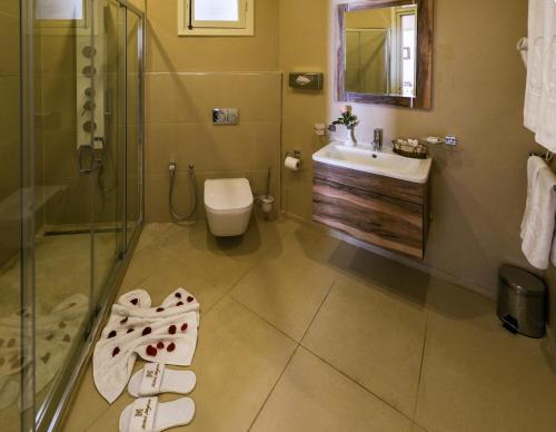 a bathroom with a shower and a toilet and a sink at Majestic Hotel in Tunis