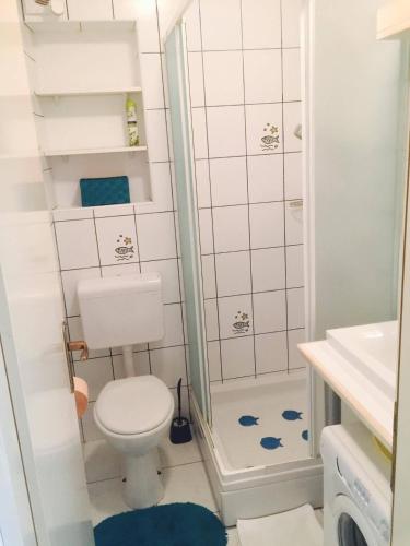 a small bathroom with a toilet and a shower at Apartman Nekic in Cres