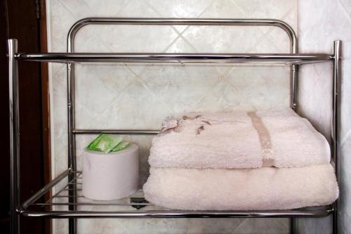 a towel rack with towels and a roll of towels at Hotel Margarita in Puno